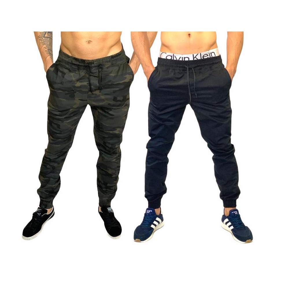 Kit 2 Calças Jogger Sarja Jeans Masculina LYCRA Camuflada Jeans Rasgada e Lisa Branco Marinho Musgo