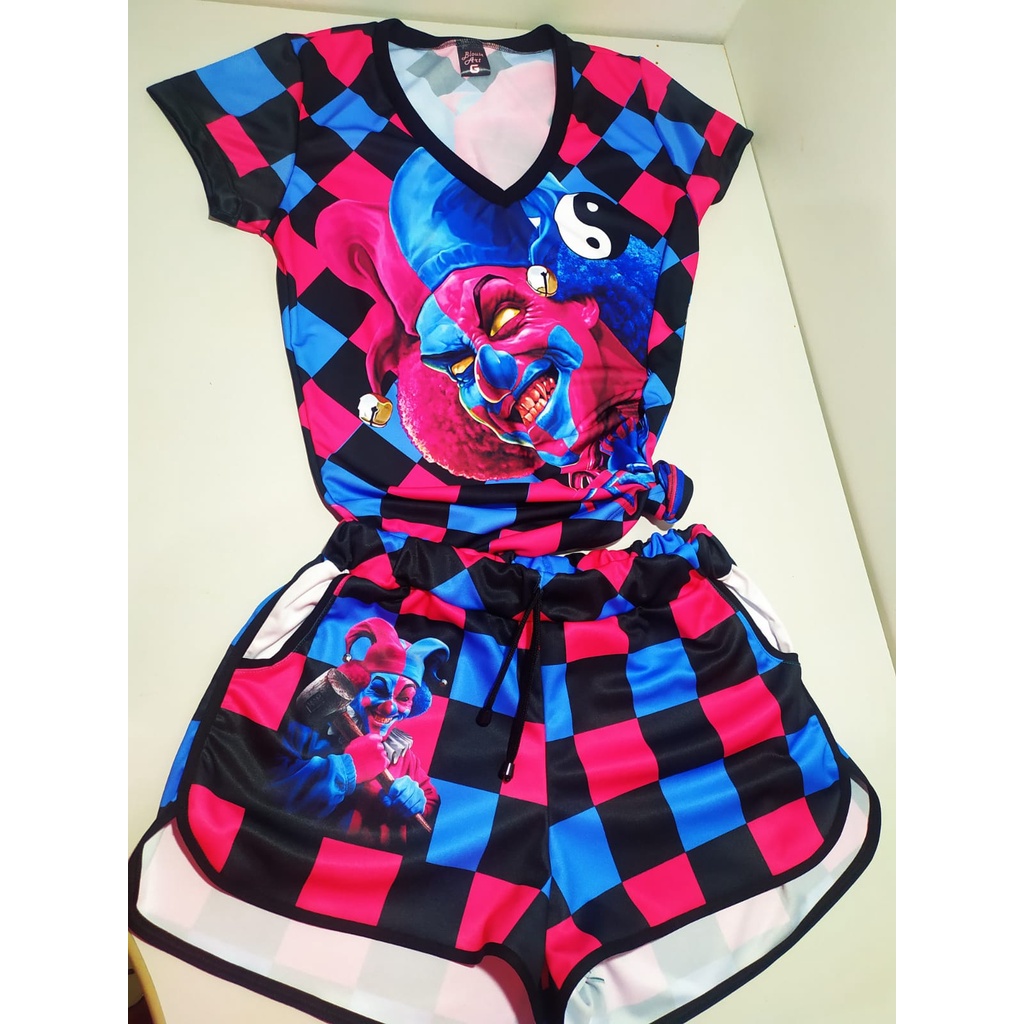 kit Conjunto Feminino Favela De Quebrada Palhaço Quadriculado Shorts+ Baby Look