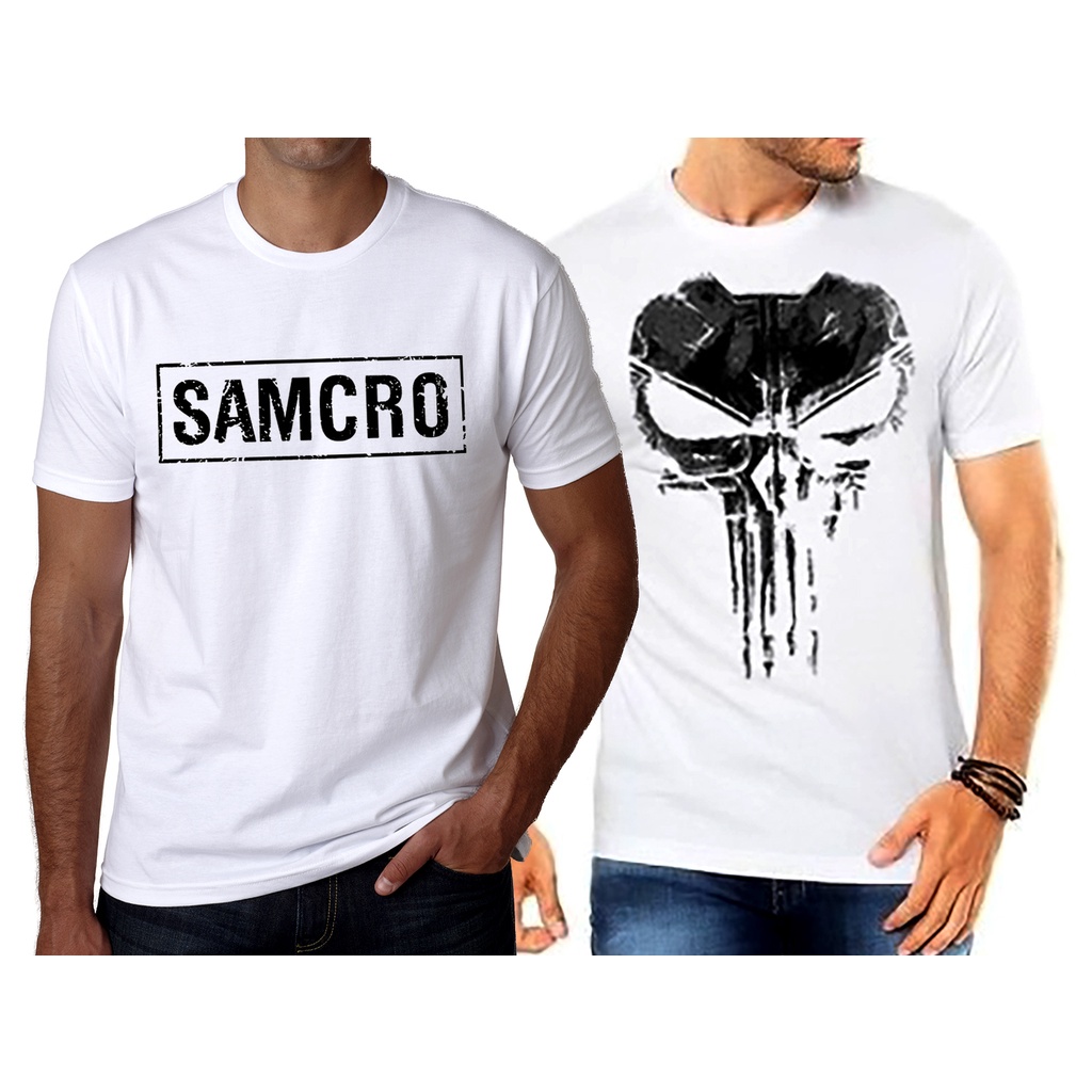 Kit Camisetas Brancas Samcro estampada no peito + Justiceiro The Punisher