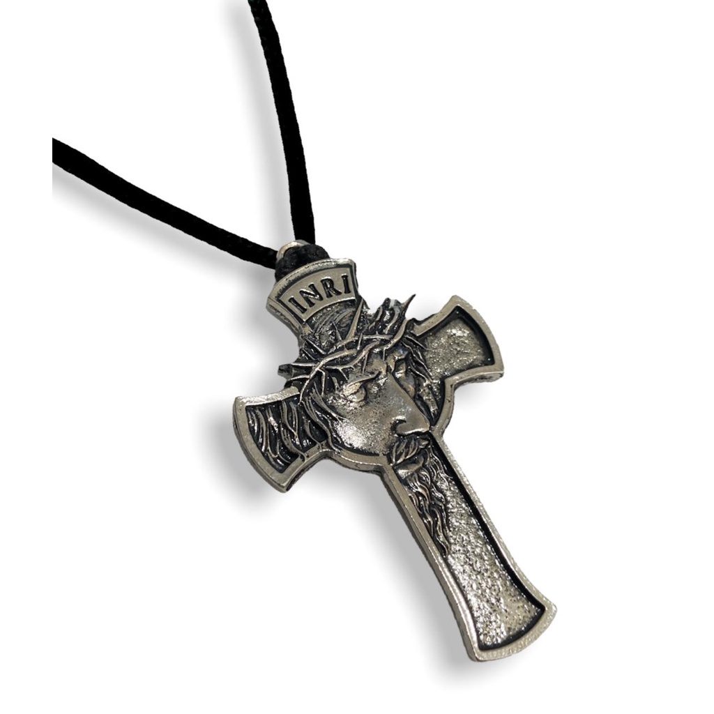 Cordão Cruz Com Face de Cristo Metal Niquel