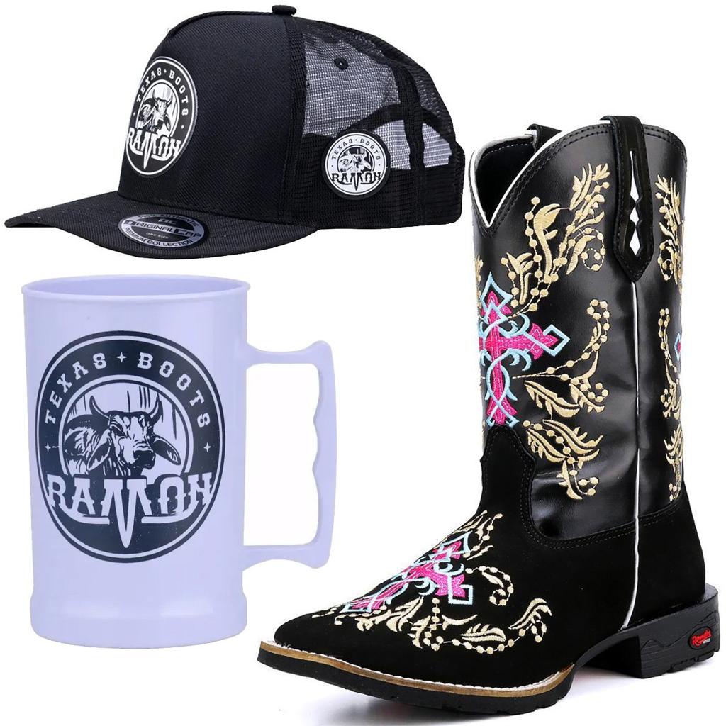 Bota Texana Cano Longo Feminina Country Com Kit Boné Caneca