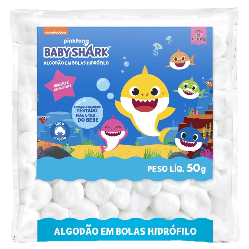 Bolas de Algodão Baby Shark 50g Cremer 100% Algodão Macio e Absorvente Testado Dermatologicamente para a pele do bebê Antigerme