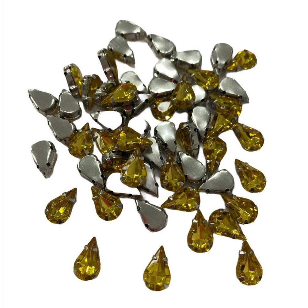 Chatons Engrampados - Gota Base Prata C/ Chaton Dourado - 8x13mm - 20 Und