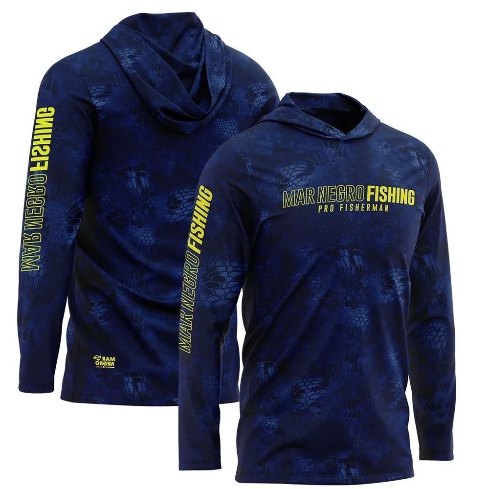 Camiseta de pesca Mar Negro Sublimada capuz Blue - Camisa de pesca manga longa