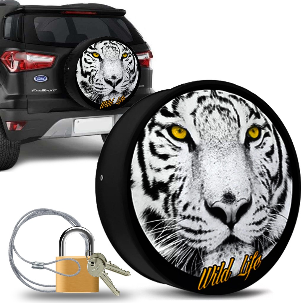 Capa Estepe Ecosport Crossfox Aircross Idea Doblo Adventure Estampa Tigre Branco com Cabo de Aço e Cadeado