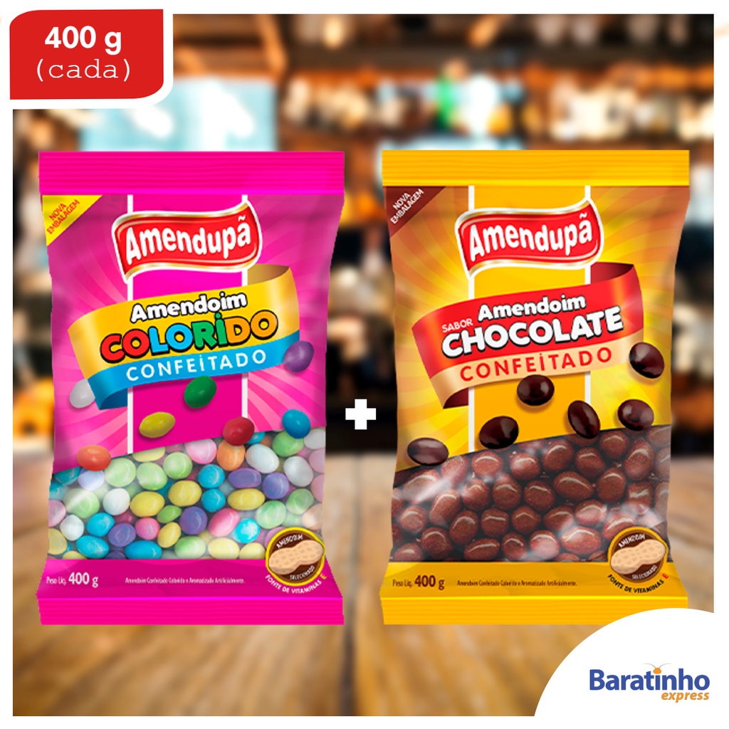 Kit Amendoim Confeitado Chocolate + Colorido Amendupã 400g em Oferta na Shopee