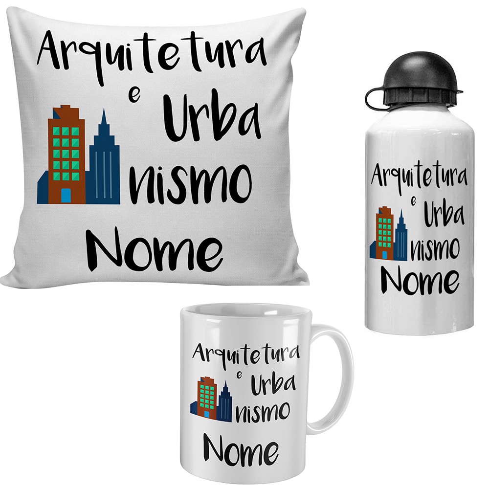 kit personalizado almofada caneca e garrafinha presente arquitetura e urbanismo