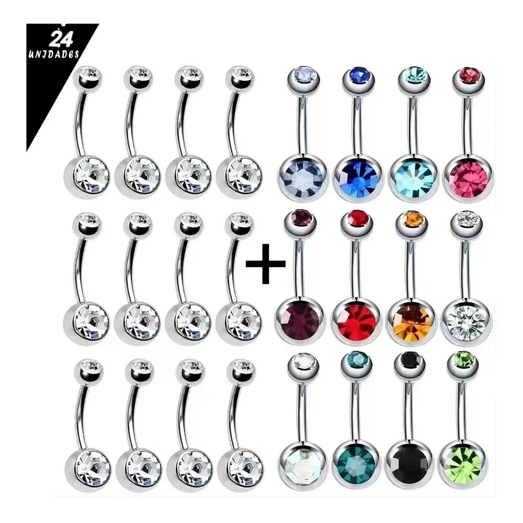 Kit 24 Piercing de Umbigo com 2 pedras Aço Inoxidável prata colorido em Oferta na Shopee