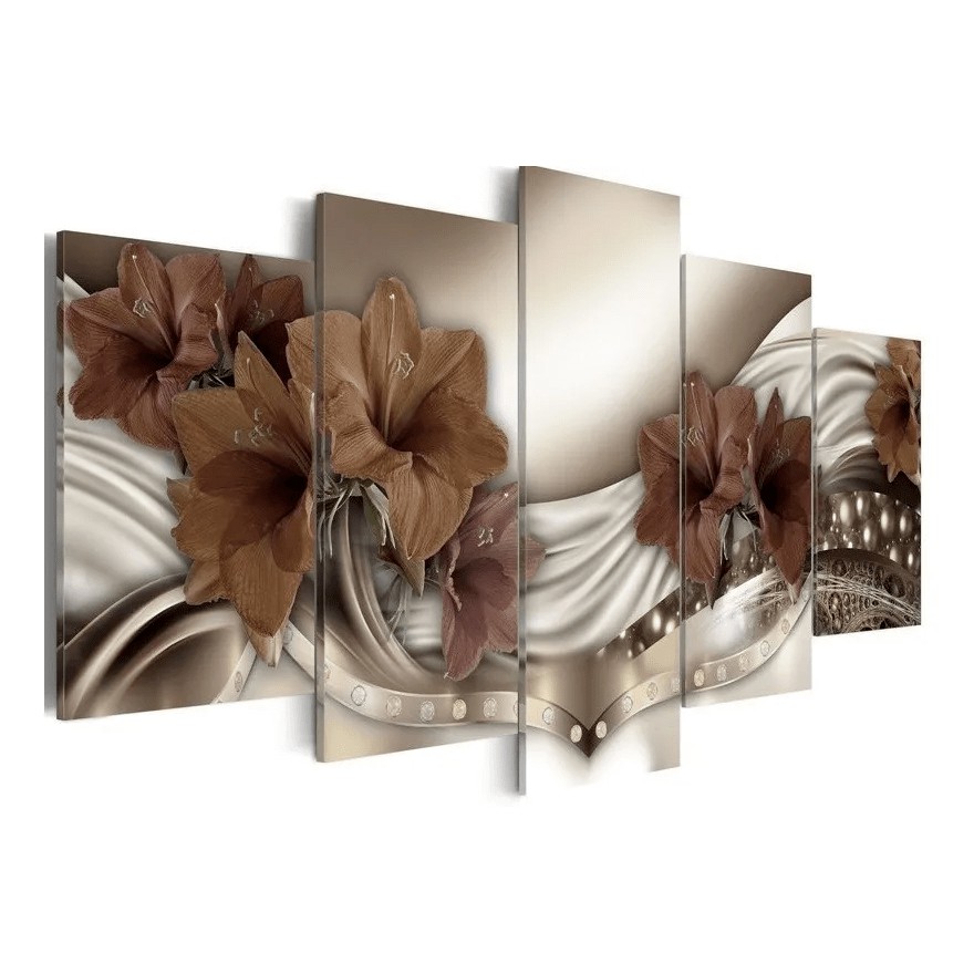 Quadro Decorativo Mosaico 5 Peças Orquídeas Marrom Abstrato Moderno Sala Painel decorativo Mdf