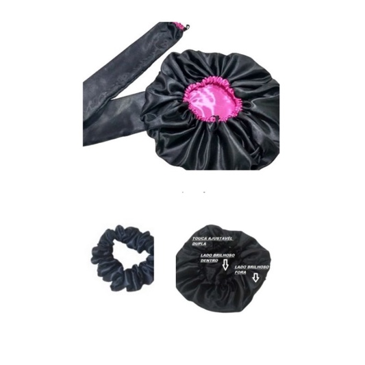 TOUCA ajustável de cetim + difusora + xuxinha/scrunchei de Cetim kit touca forrada preta difusora preta com pink xuxinha Preta