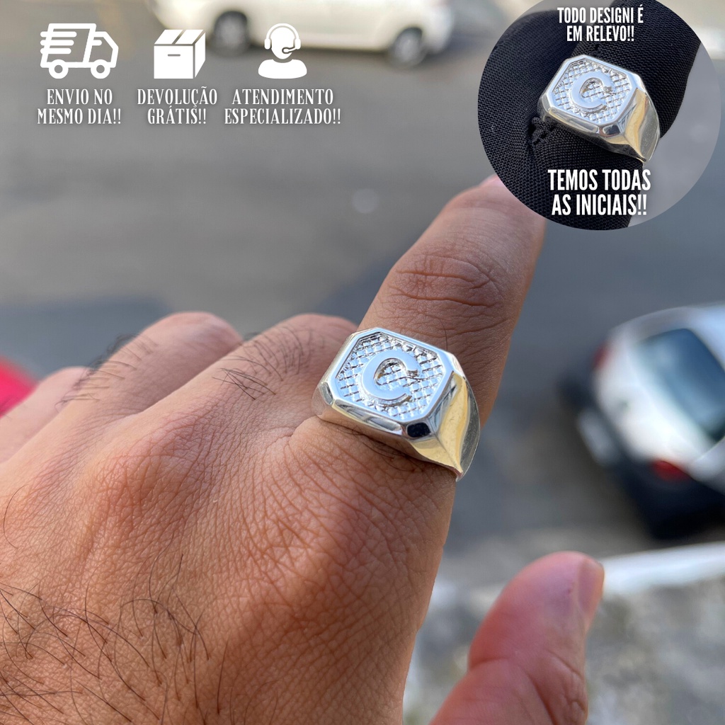 Anel Masculino De Prata 925 Anel De Letra Banhado a Prata 925 Italiana Dedeira de Letra C