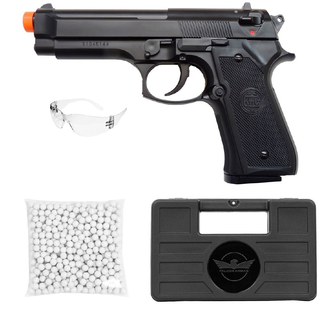 Pistola de Airsoft Spring Kwc M92 Beretta 92 Non Hop Up - Preta + Acessórios