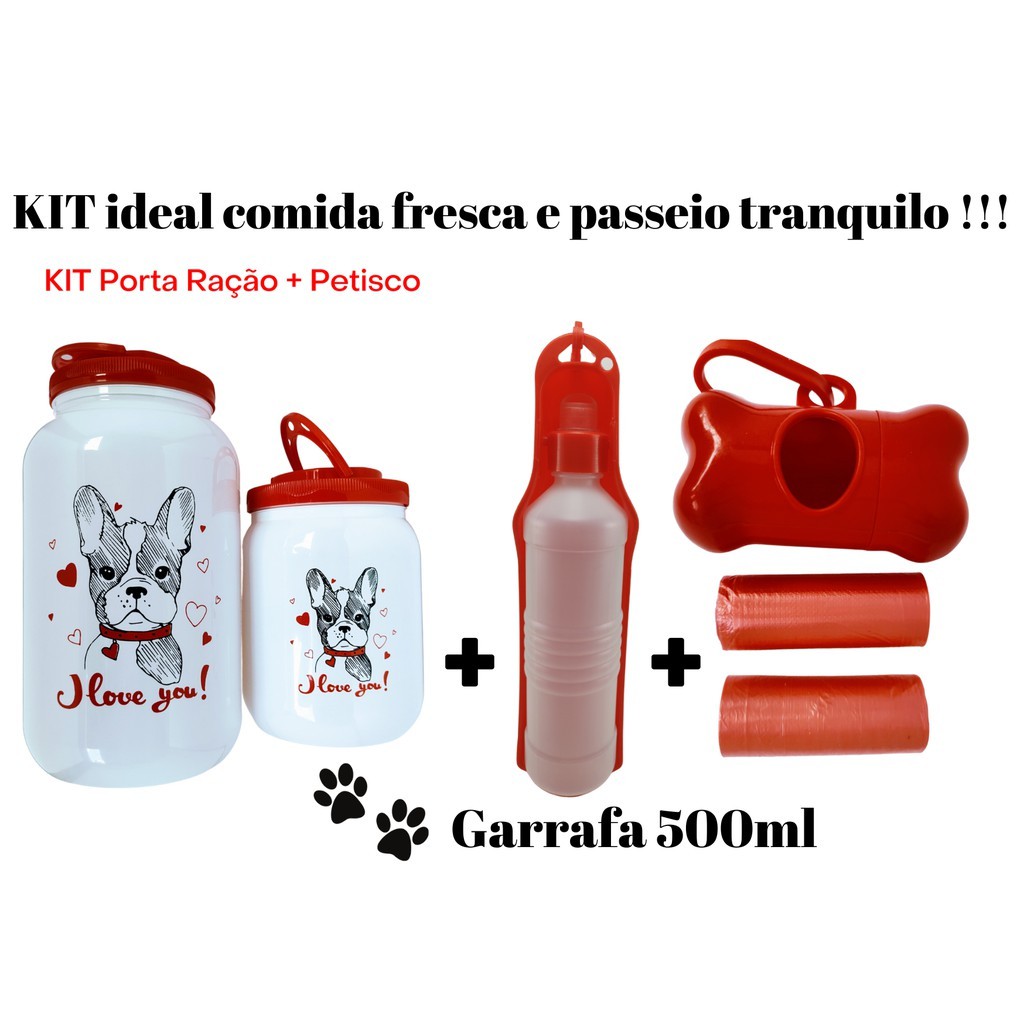 KIT Potes Porta Ração 3.6 + Porta Petisco 1.7 Branco + Garrafa de Agua 500ml – Coletor Cata - Caca, para seu cachorro