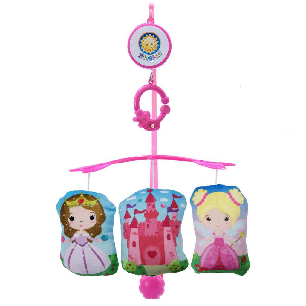 Móbile Musical Berço Carrinho 2 em 1 Giratório Corda Sem Pilhas Rosa Princesas Quarto do Bebê Menina