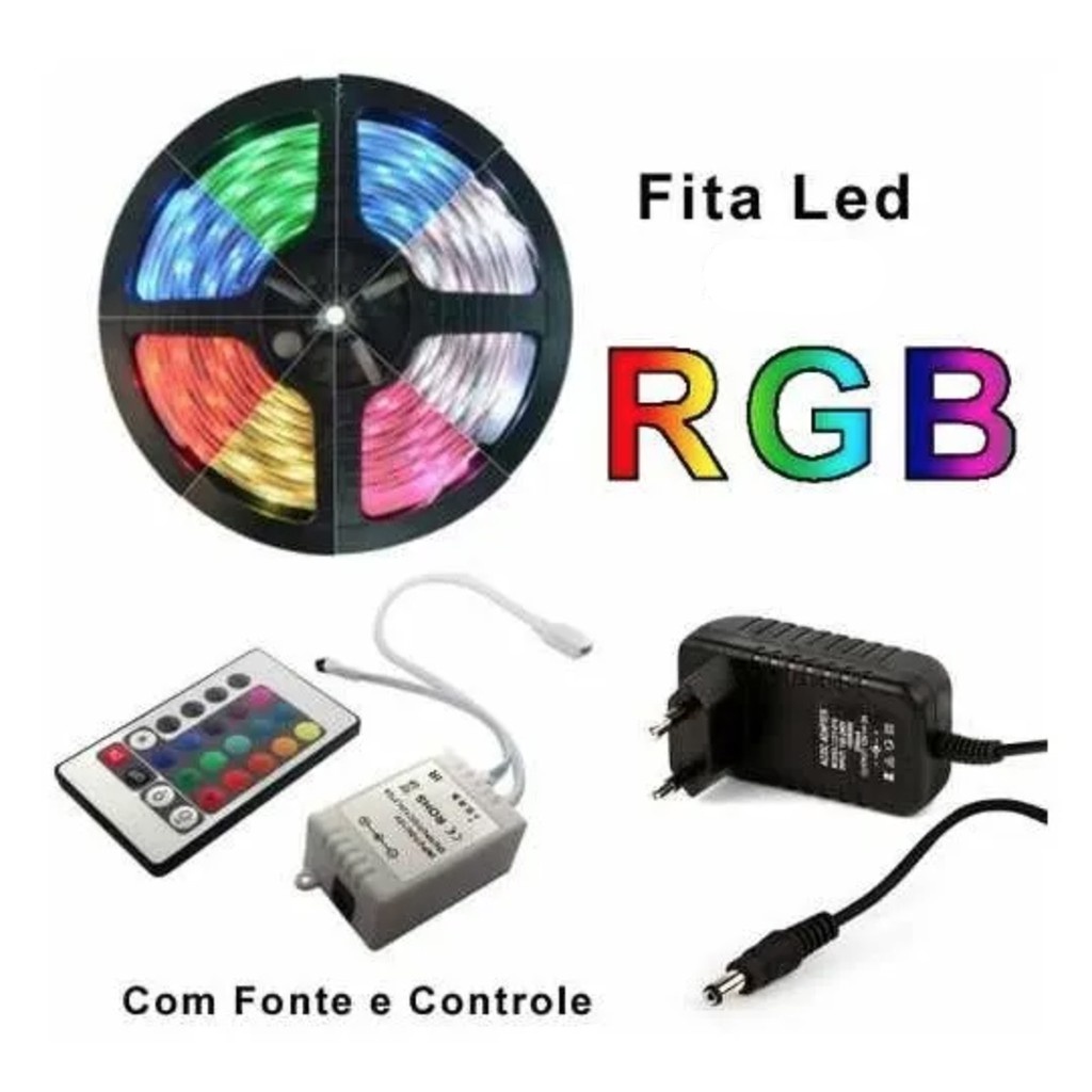 Kit Fita Led ip-65 Rgb 3528 / 5050 5 Metros + Controle + Fonte 16 Cores ...