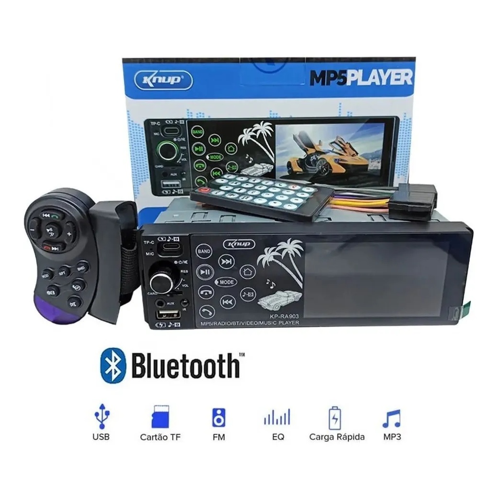 Som Automotivo Mp5 Bluetooth Rádio Fm Tela LCD 4" Com Controle e Controle De Volante Usb