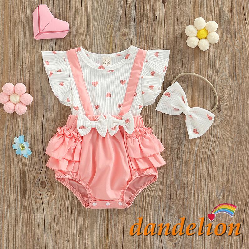 Dandelion-Macacão De Manga Rosa Com Estampa De Coração E Laço Para Meninas em Oferta na Shopee