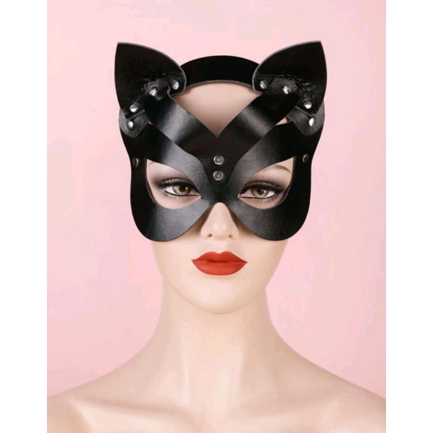Máscara Mulher Gato em Couro Sintético Sensual Sexy Fantasia Cosplay Carnaval e Festas
