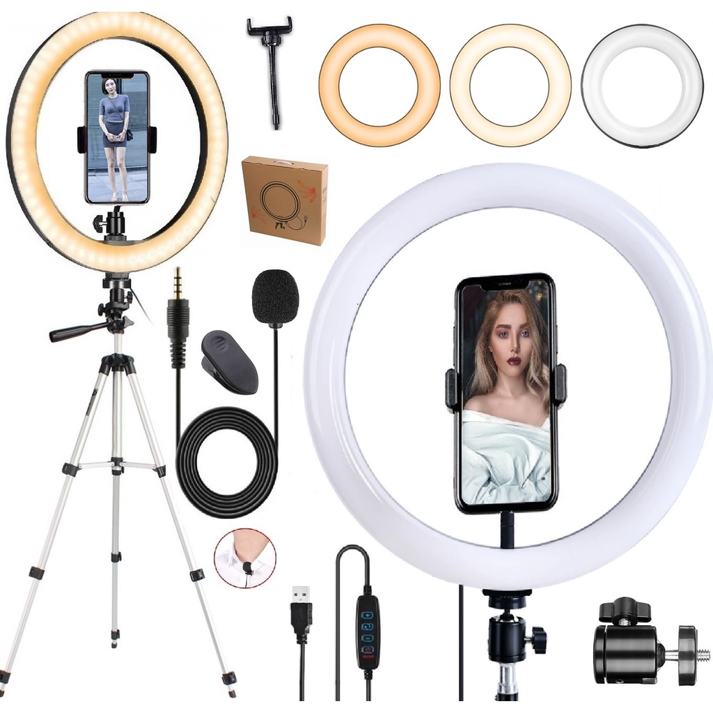 Kit Para Gravação de Vídeo Profissional Tripé Telescópico Microfone de Lapela Celular Youtuber + Iluminador Ring Light