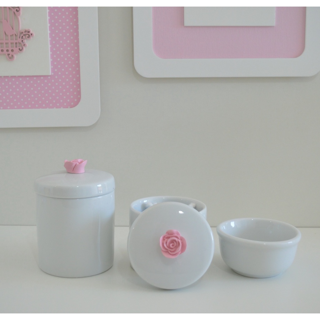 Kit Higiene Bebê K015 Rosa Estrela Bandeja Coroa Nuvem Ovelha Passarinho Flor Molhadeira Menina Potes Porcelana + Barato