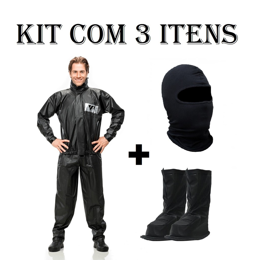 Kit - Conjunto Capa De Chuva Jaqueta + Calça Em Pvc + Polaina Galocha + Touca Ninja Balaclava - Moto Motoboy