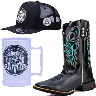 Bota Masculina Texana Cano Longo Em Couro Com Kit Boné e caneca