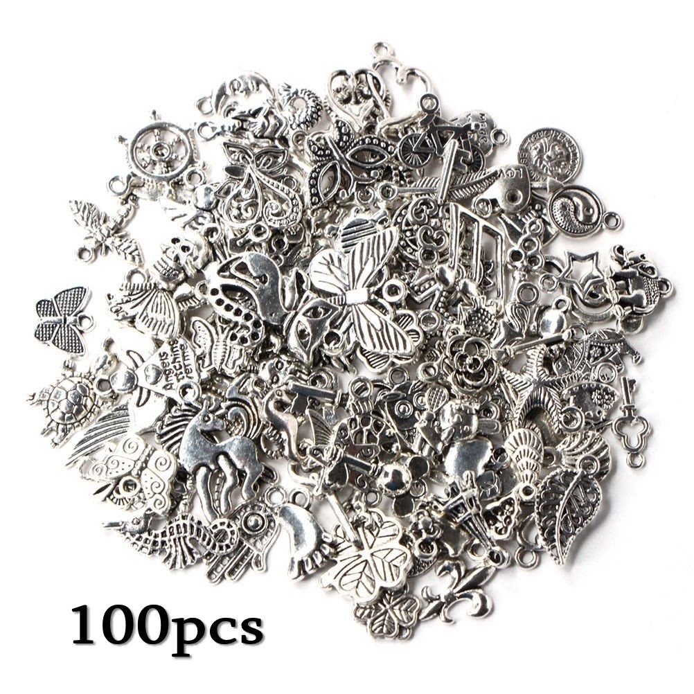 100 Pcs Granel Tibetano Jóias Pingente De Prata Misturada Fazendo Artesanato Diy Animal Da Flor Do Coração Encantos