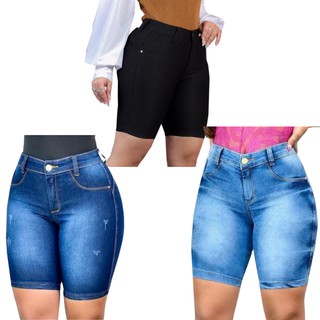Kit 3 Bermuda Feminina Meia Coxa Jeans Lycra Cintura Alta Até o Umbigo Elastano