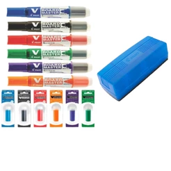 6 Marcadores de Quadro Branco V Board Master + Apagador Flip Top 150N + 6 Refis de Tinta Para Marcador - PILOT