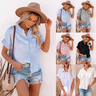 Camisa Feminina De Linho E Algodão Com Manga Curta Lapela De Cor Lisa