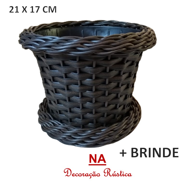 Cachepot com borda + prato fibra sintética decoração marrom escuro argila 21x 17 cm