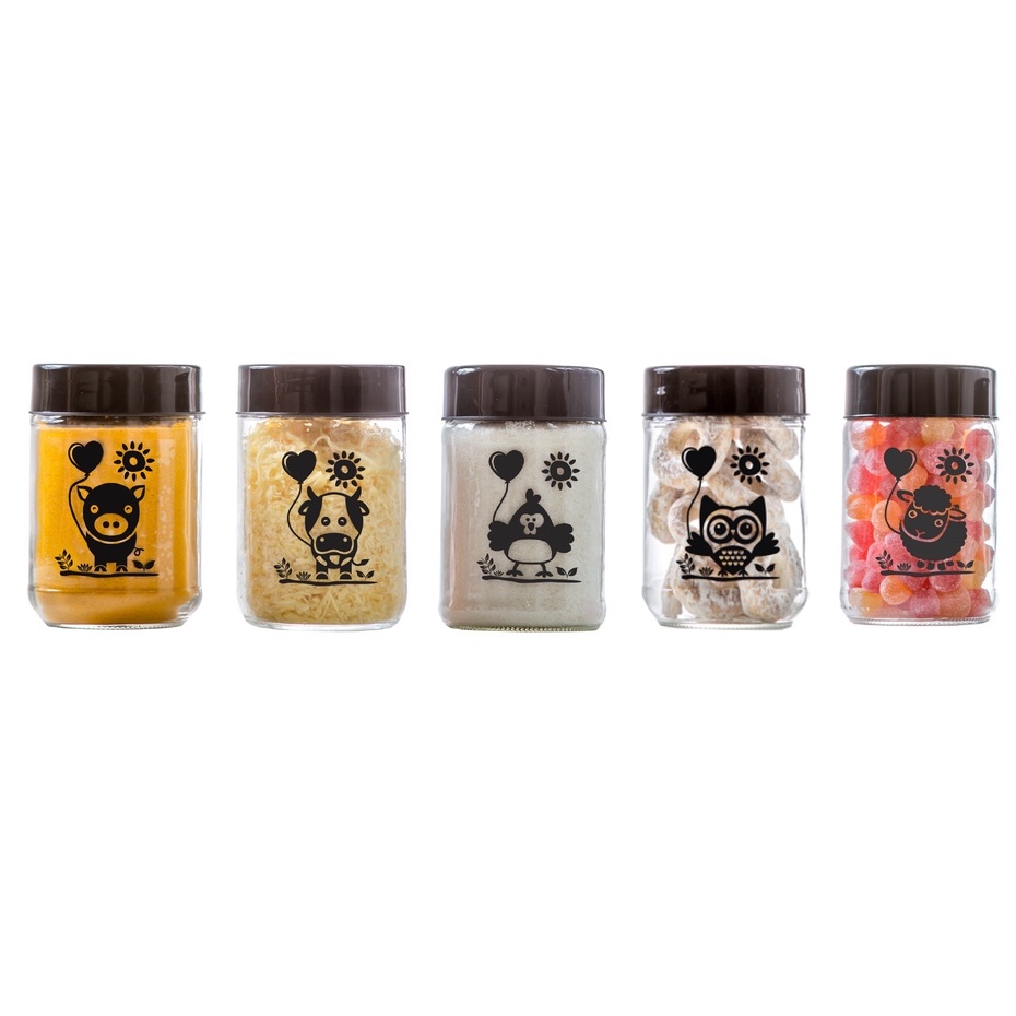 Kit Potes de Vidro 600ml com Tampa - 5 Peças (Vaca, Coruja, Porco, Ovelha, Galinha) Vetrolar