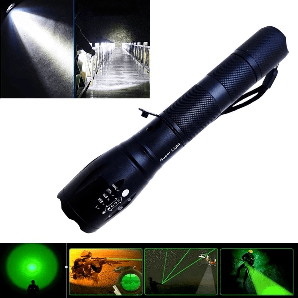 Lanterna Tática 2 LEDs T6 Luz Branca e Verde Foco Zoom Para Pratica de Esporte 99000W 688T6