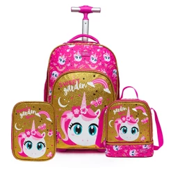 Kit Mochila Spector Infantil Rodinhas Estojo Grande Espaçoso Lancheira Térmica Unicórnio 32L