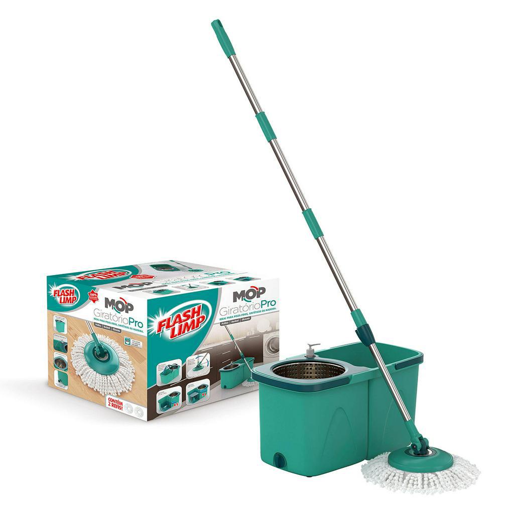 Mop Giratório Pro Flash Limp 9 Litros Desmontável Compacto Microfibra Verde Água em Oferta na Shopee