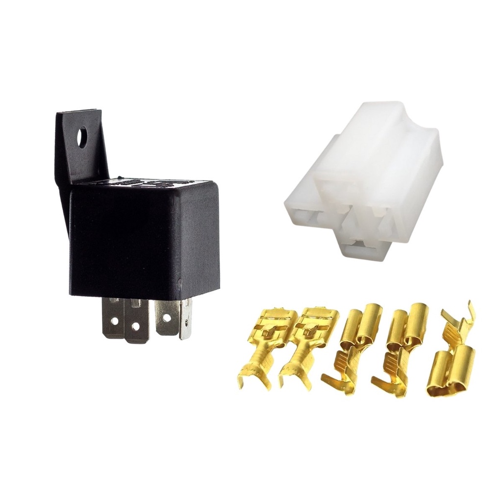 4x Relê 4 Pinos Automotivo Auxiliar Com Proteção Fixação 12v 40a e Conjunto Capa Porta Rele 5 Vias Com Terminais Fêmea
