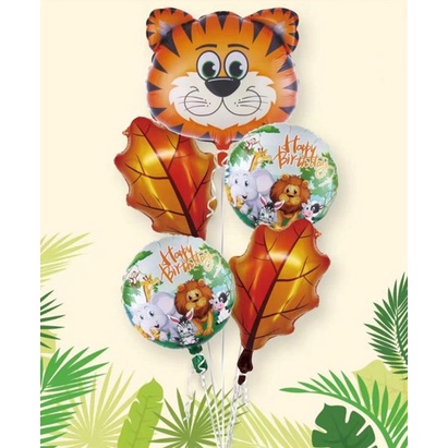 Balão Bexiga Metalizado Safari Animais Fazenda Bexiga Tigre 2 Kit 5 Uni Buquê
