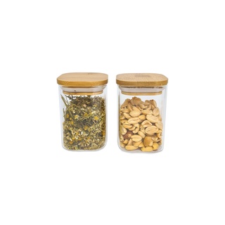 Kit 2 Potes De Vidro Mantimentos Quadrados 200ml C/ Tampa Bambu - Oikos