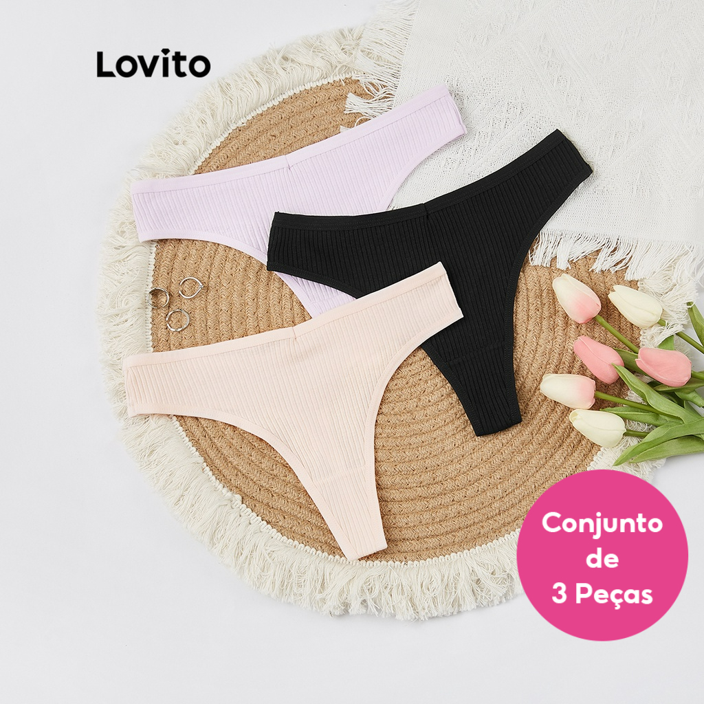 Lovito Conjunto de 3 Peças de Calcinha Casual Lisa Hipsters Tanga L23LD328 (Multicolor)