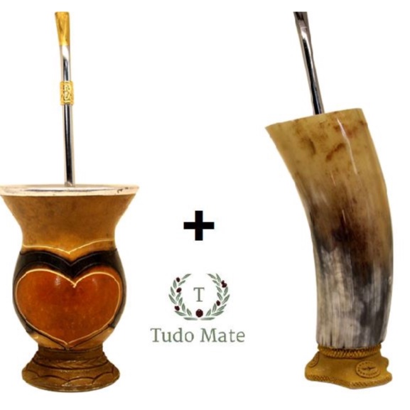 Kit Cuia Para Chimarrão com Bomba (Cuia Coração) +  Cuia Guampa Chifre Natural de Boi com Bomba