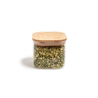 Pote De Vidro Mantimentos Quadrado Flat 600ml Tampa Bambu - Oikos