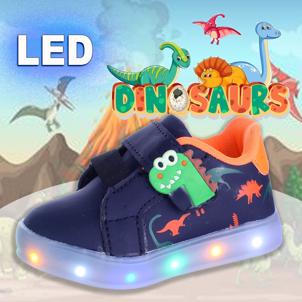 Tenis Calcado Infantil Menino Luz Luzinha Led Dinossauro Azul Modinha Crianca
