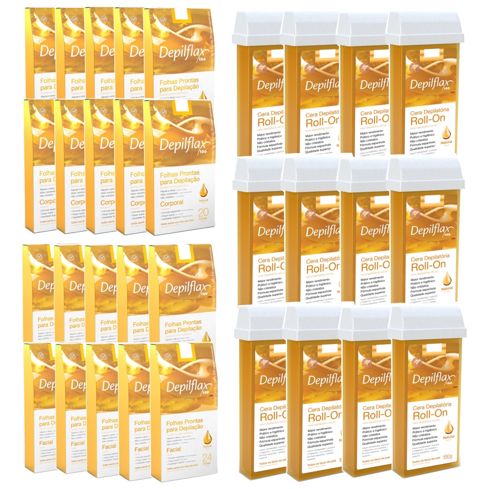 Kit Depilação 12 Refil Roll On Natural 10 Folhas Faciais 10 Folhas Corporais Natural Pronta Depilação Depilflax