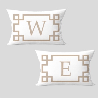 Kit 2 Capas Almofadas Baguete Estampa Letras Iniciais Nome Casal Frame Bege 50x30