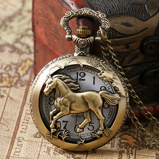 TIEDAN Retro Bronze Cavalo De Cobre Relógio De Bolso De Quartzo Oco Hora FOB 12 Zodiac Chain Pendant Lembrança De Aniversário Para Homens Mulheres