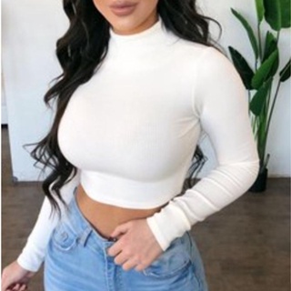 Cropped Feminino Gola Alta Manga Longa Em Suplex em Oferta na Shopee