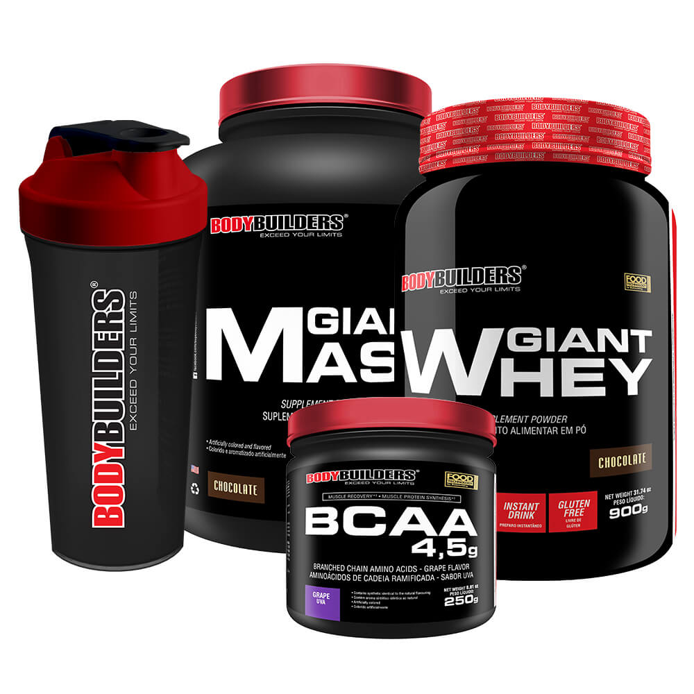 Kit Hipercalórico Giant Mass 3kg + Giant Whey Protein 900g + BCAA 4.5g 250g + Shaker – Bodybuilders