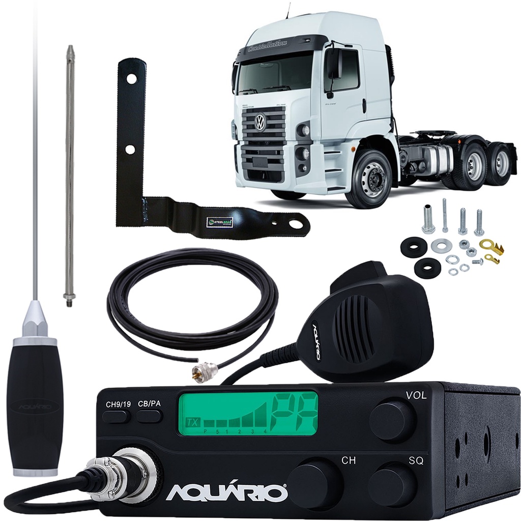 Rádio Px Rp-40 Antena 1,40 metros Alongador 25cm Cabo 5,5 metros Suporte Volkswagen Constellation Lado Carona Kit Parafusos Anti-Furto