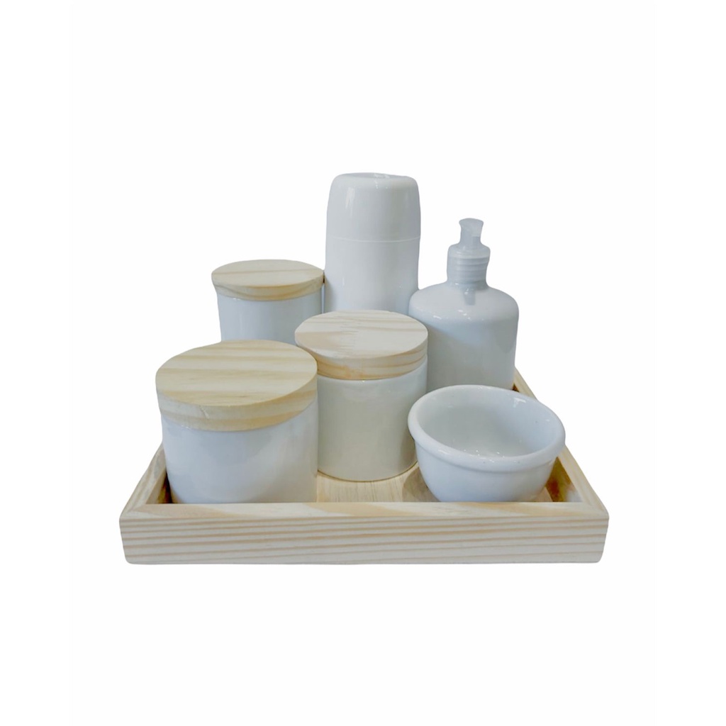 Kit Higiene Maternidade Bebê Porcelana Branca 7 Peças 3 Potes, Molhadeira, Saboneteira, Mini Garrafa Térmica Bandeja 25x25 Madeira Pinus