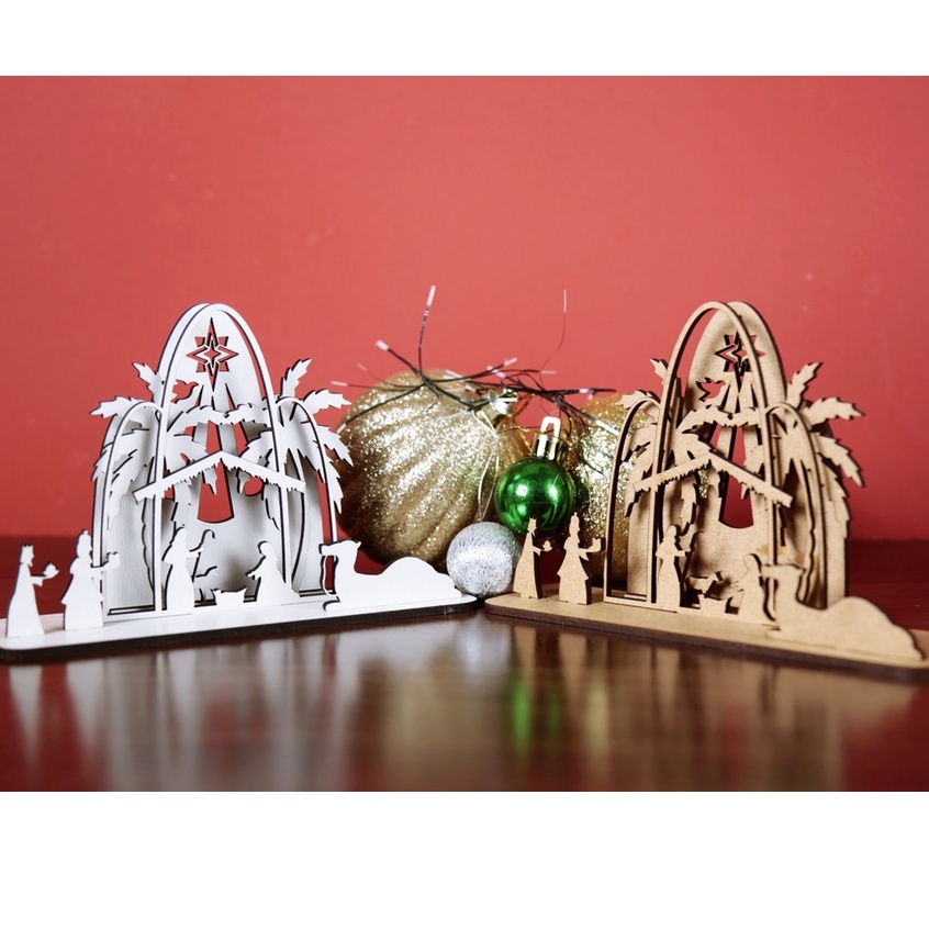 Presépio de natal produzido em MDF Cru e Branco 7 peças, Decoração, Artesanato, Festas, Feliz Natal, Réveillon, Boas Festas.